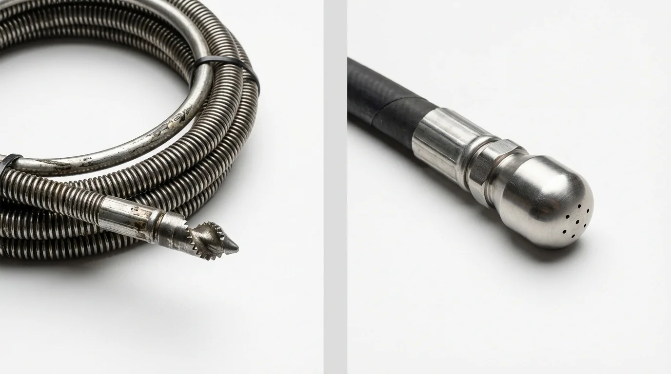Drain snake cable and hydro jetting nozzle used for drain cleaning in Huron, OH
