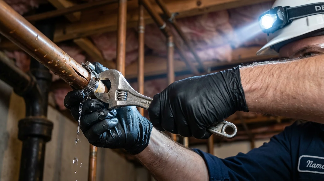 Emergency pipe clamp repair being performed by a Johns Plumbing LLC plumber in Huron