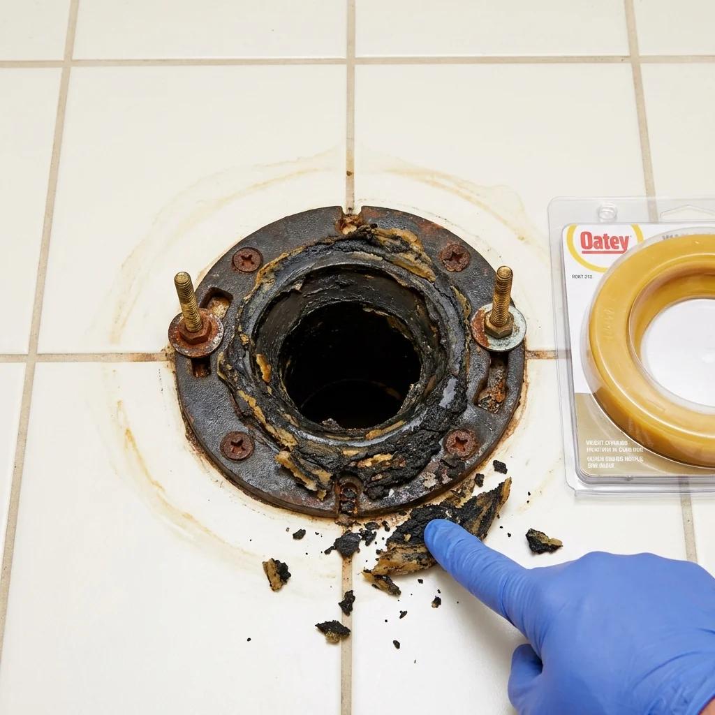 Failed wax ring showing water seepage at the base of a toilet in a Huron, OH home