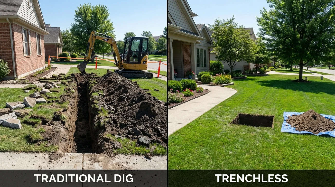 Trenchless sewer repair with minimal yard damage versus traditional excavation in Huron, OH