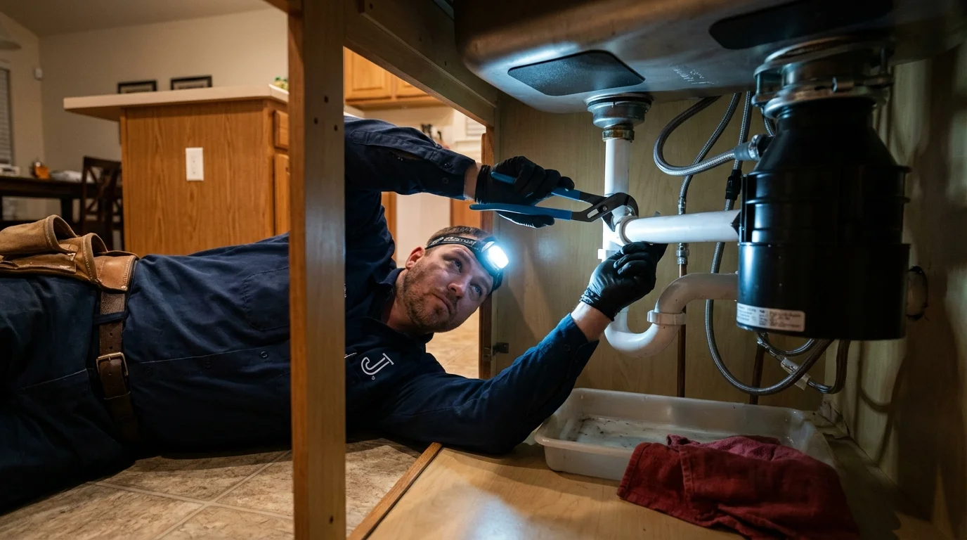 P-trap and supply line connections under a kitchen sink showing a common leak point in Huron, OH